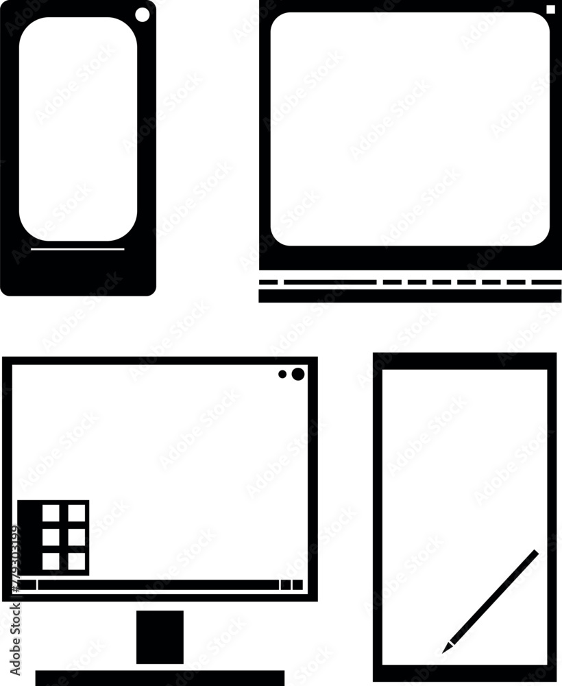 A set of several electronic devices. The list of things includes a monitor, tablet and laptop. A set of several electronic devices. The list of things includes a monitor, tablet and laptop.