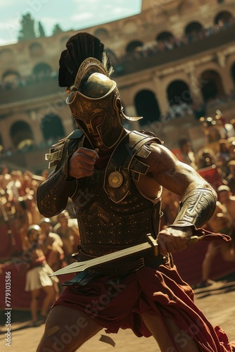 Gladiator in coliseum: fierce warrior in iconic roman arena, epitome of ancient combat, historical spectacle in majestic rome, dramatic portrayal of bravery and valor