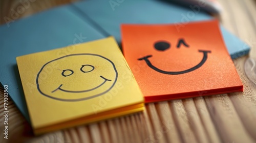 A hand-drawn contrast of a smiley face and a sad emotion on sticky notes, representing the spectrum of positive attitudes and happiness photo