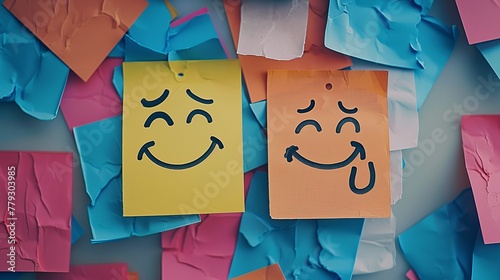 A hand-drawn contrast of a smiley face and a sad emotion on sticky notes, representing the spectrum of positive attitudes and happiness photo