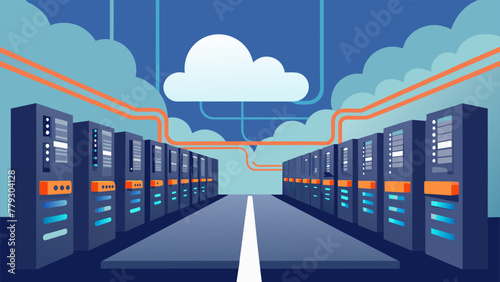An indepth view of a server room within a manufacturing facility with rows of cloud storage and computing servers visible and connected through