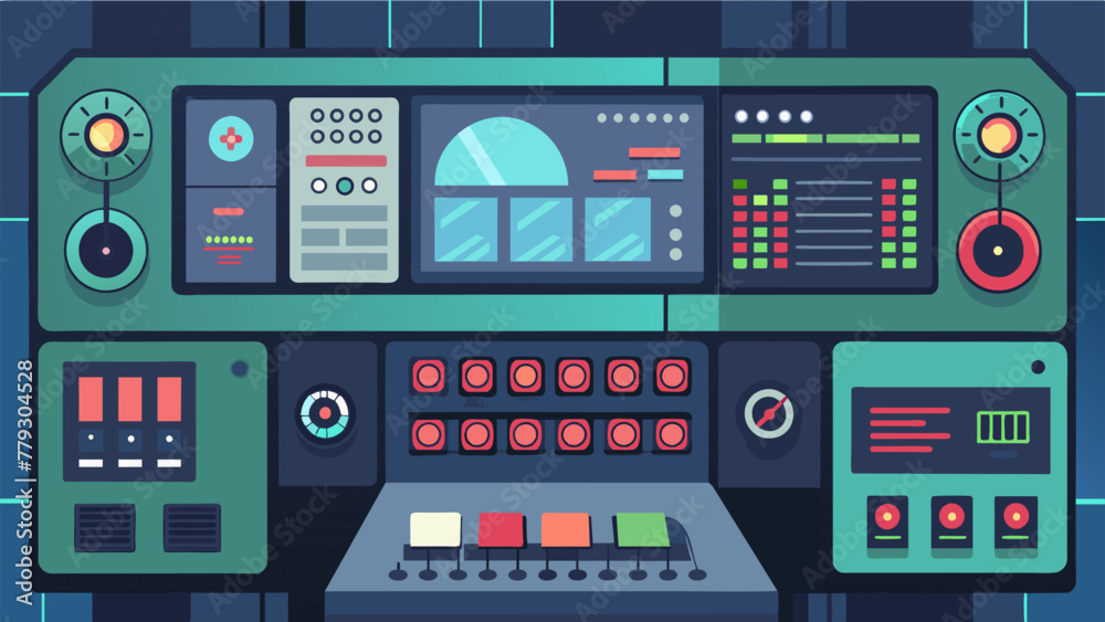 A focused shot of a large hightech control panel with an array of ons and dials representing the advanced remote monitoring capabilities of the