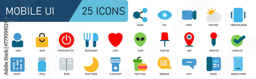 ssential icon set.flat style. vector weather,vibrate mode,user,shopping,power button,restaurant,eat,love.
 photo