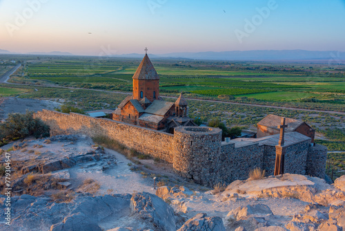 Sunrise view of Khor Virap Monastery standing in front of Ararat moutain in Armenia © dudlajzov