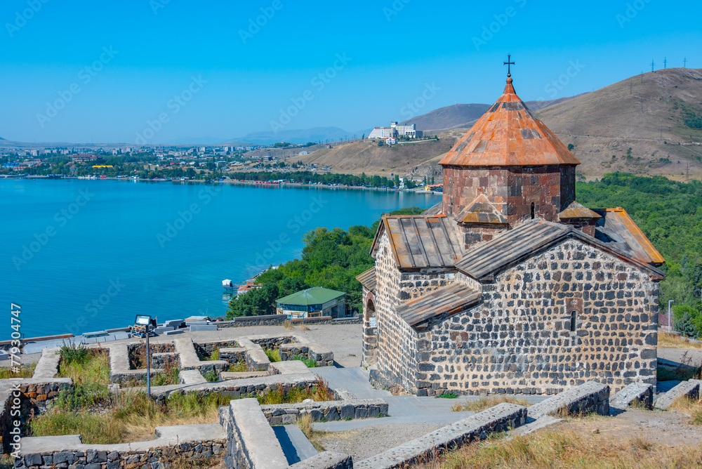 Sunny day at Sevanavank church in Armenia - obrazy, fototapety, plakaty 