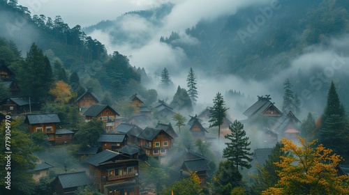 A village in the mountains is covered in fog. A flawless foggy landscape. Calm background. Generative AI photo