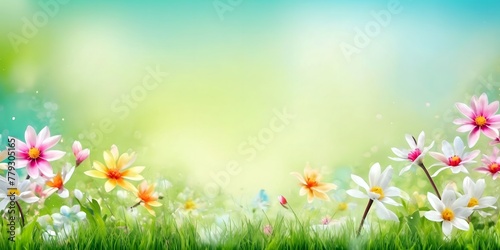 Spring background with grass and flowers with blank copy space for text © Marco