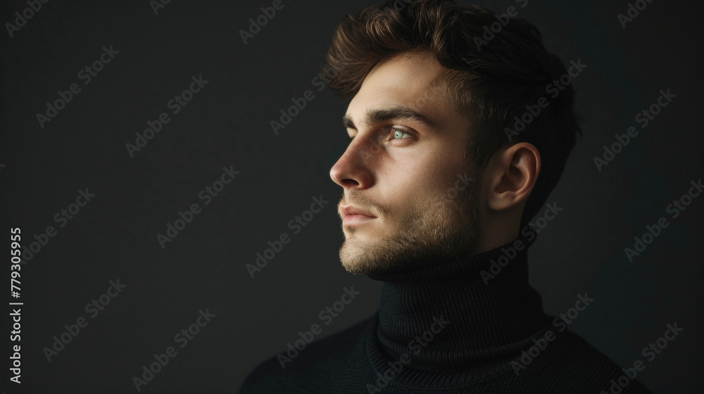 With a serene expression a man gazes into the distance wearing a black turtleneck sweater. The texture of the fabric is highlighted by the soft light creating a harmonious symphony . With a serene expression a man gazes into the distance wearing a black turtleneck sweater. The texture of the fabric is highlighted by the soft light creating a harmonious symphony .