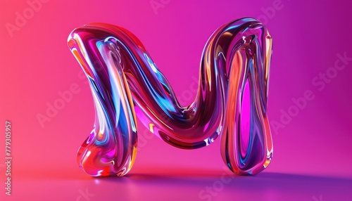 letter M 3d render, abstract pink background, seperti liquid photo