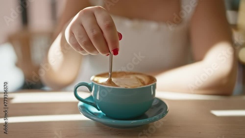 Sunny cafe scene, beautiful hispanic woman in glasses enjoying her coffee break, sitting at the table and stirring espresso drink, at cozy cafeteria indoor