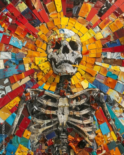 Collage artwork blending elements of a vibrant wonderland with the stark beauty of a skeleton, telling a musical story.