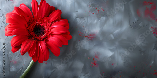 Red gerbera on a gray background, copy space.