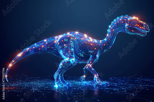 Step into the prehistoric world with a captivating image of a dinosaur rendered in wireframe and neon style against a striking blue background © Evhen Pylypchuk