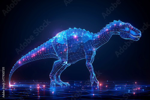 Step into the prehistoric world with a captivating image of a dinosaur rendered in wireframe and neon style against a striking blue background © Evhen Pylypchuk
