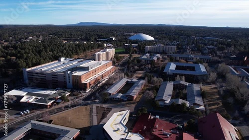 Drone Shot of Northern Arizona University Campus Buildings, Flagstaff USA, Dormitory Buildings and Halls photo