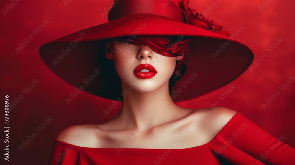 Mysterious woman in a red dress and elegant hat - A captivating and mysterious woman dressed in a bold red dress and hat exudes charm and sophistication, with her identity hidden Mysterious woman in a red dress and elegant hat - A captivating and mysterious woman dressed in a bold red dress and hat exudes charm and sophistication, with her identity hidden