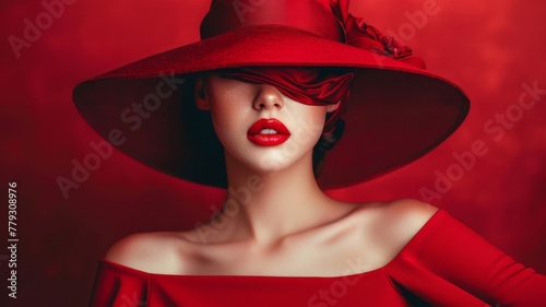 Mysterious woman in a red dress and elegant hat - A captivating and mysterious woman dressed in a bold red dress and hat exudes charm and sophistication, with her identity hidden