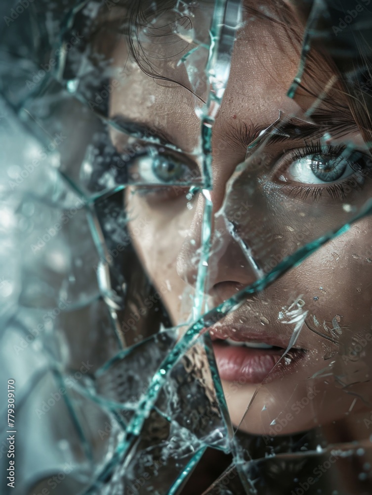 Woman's eyes seen through shattered glass - A hauntingly intense close-up of a woman's eyes peering through cracked glass, creating a profound emotional impact