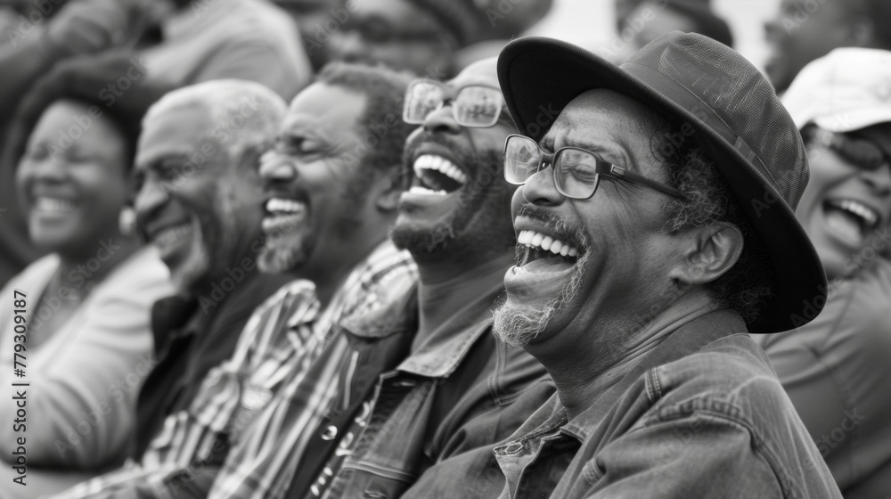 A group of black men and women sit together their heads thrown back in hearty laughter. The carefree and genuine joy on their faces captures the essence of ebony euphoria. .