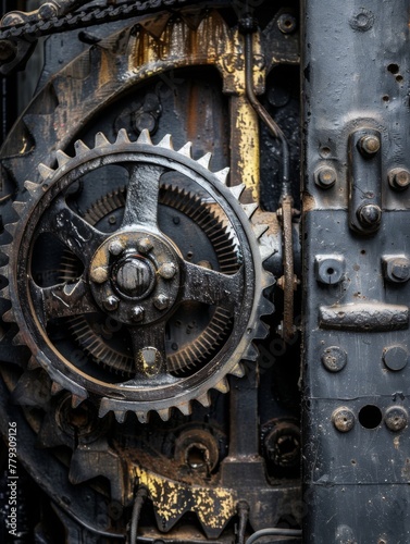 Close-up of gears and mechanics in industrial setting - A detailed close-up of rusty gears and mechanical components of an old industrial machine, highlighting texture and engineering
