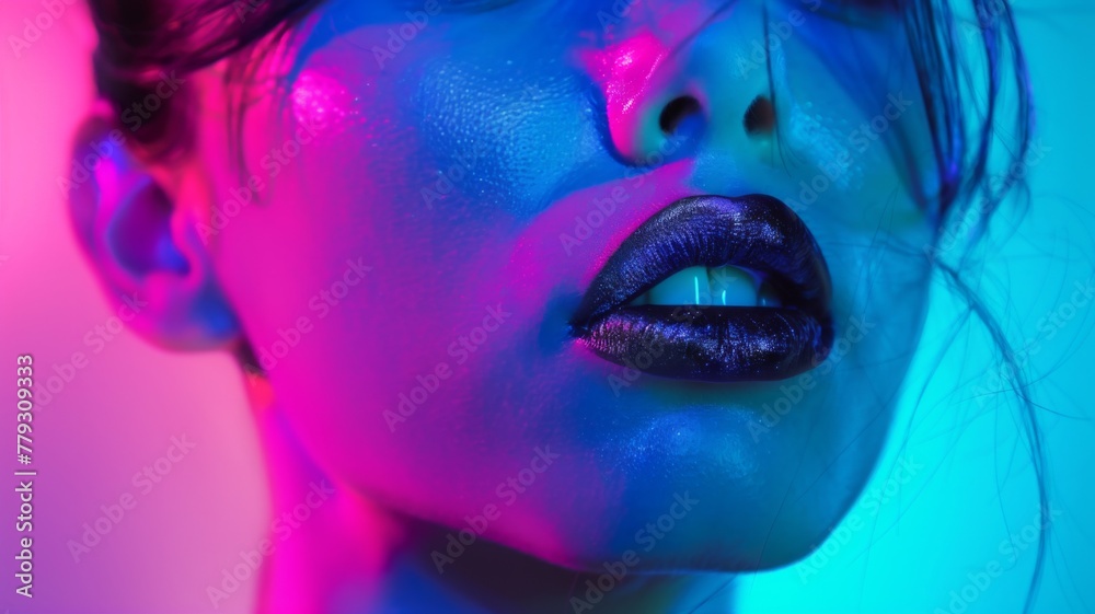 Vibrant neon portrait of a woman side view - A side portrait in neon magenta and blue exudes a modern, edgy vibe accentuating the woman's hairstyle Vibrant neon portrait of a woman side view - A side portrait in neon magenta and blue exudes a modern, edgy vibe accentuating the woman's hairstyle