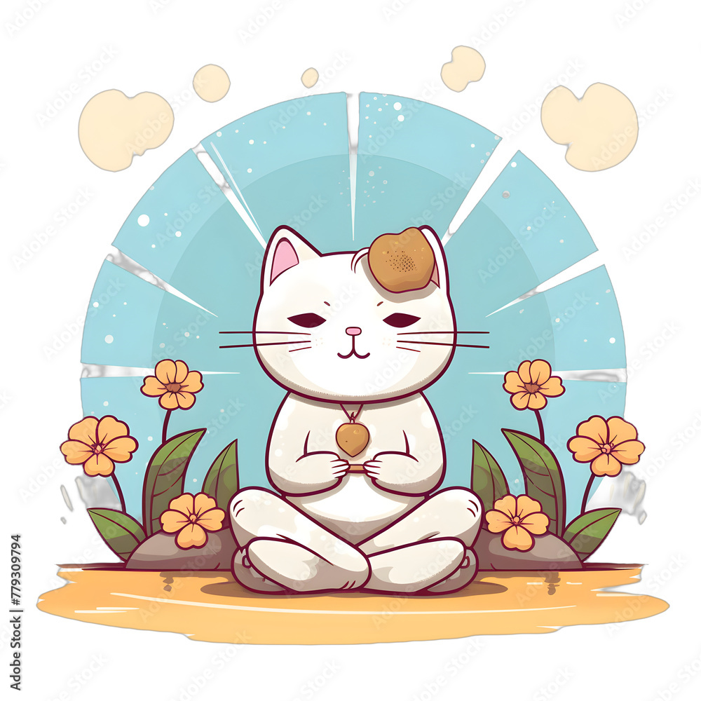 Content Cat Meditates with Flowers and Sunshine. - png isolated on transparent background