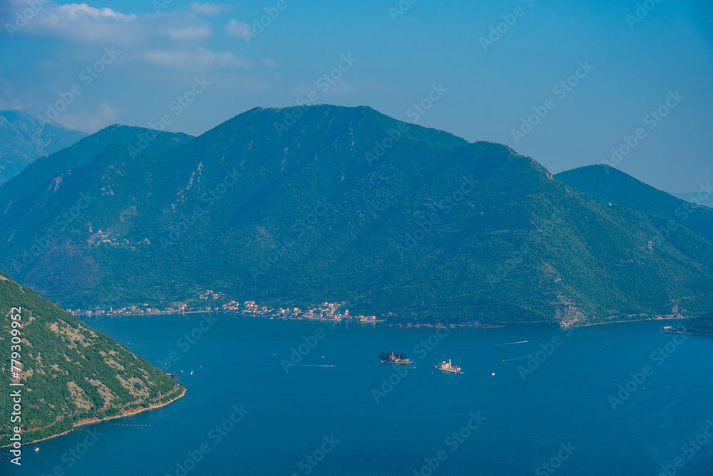 Aerial view of Boka Kotorska bay towards Perast in Montenegro Aerial view of Boka Kotorska bay towards Perast in Montenegro