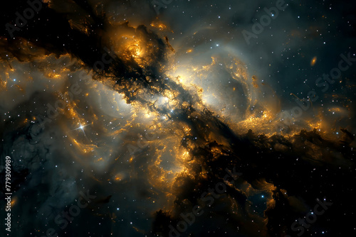 Black gold nebula cosmic dust gas, deep space dense birthplace of stars, cosmic astronomy