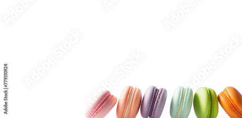 A row of macarons in pastel colors  including pink  light green  light purple  light blue  and light orange banner