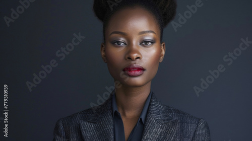 This portrait captures a black woman in a herringbone suit where the distinctive Vshape of the weave adds an eyecatching element to the overall outfit. The texture of the fabric is .