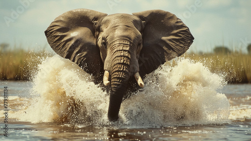 An African Elephant Splashing through the River During a Safari