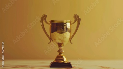 Golden trophy on a pale background - An elegant golden trophy positioned centrally, casting a soft shadow on a cream-colored background, symbolizing victory