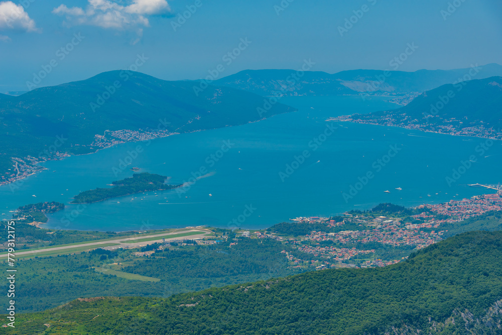 Aerial view of Boka Kotorska bay and Tivat in Montenegro