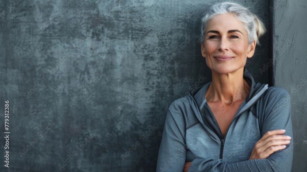 Fit senior woman with crossed arms smirking - Confident mature woman in sportswear smirks while posing with arms crossed, against a textured backdrop Fit senior woman with crossed arms smirking - Confident mature woman in sportswear smirks while posing with arms crossed, against a textured backdrop