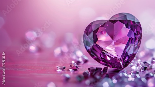 Close-up of a heart-shaped shiny crystal - Close-up view of a purple heart-shaped crystal on a pink surface, highlighted by its sparkling facets