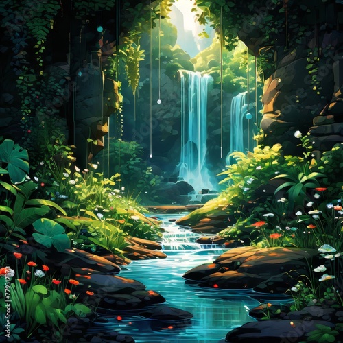 Tropical landscape. Beautiful hidden waterfall in rainfores AI Generative photo