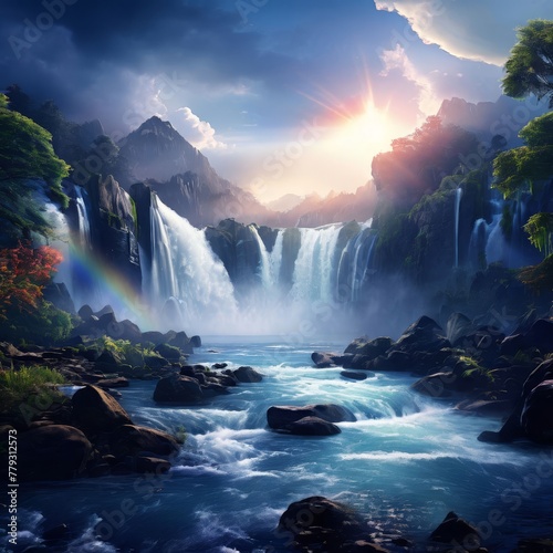 Tropical landscape. Beautiful hidden waterfall in rainfores AI Generative