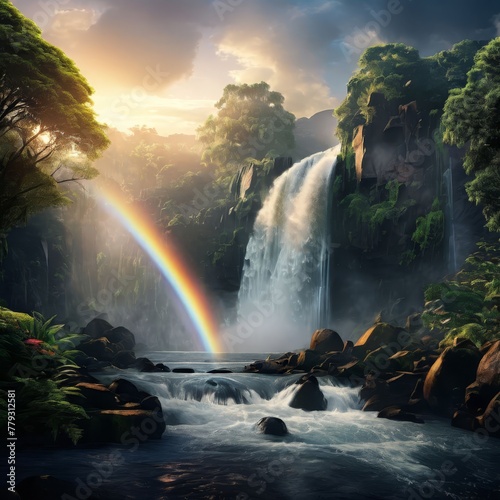 Tropical landscape. Beautiful hidden waterfall in rainfores AI Generative