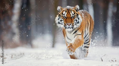 Siberian tiger in a snowy forest - Majestic Siberian tiger moving powerfully through a snowy forest captured in stunning detail and clarity