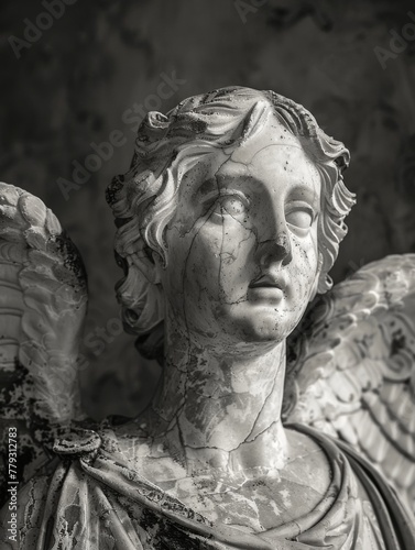 Close-up of angelic marble statue face - Macro photograph capturing the weathered details on the face of a marble angel statue photo