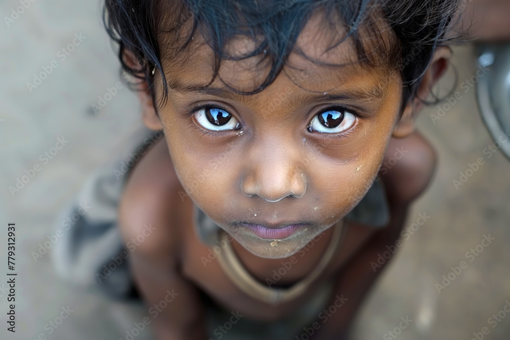 Hungry, starving, poor little child looking at the camera