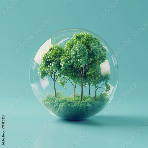 3D rendering of Earth globe with green trees inside a glass sphere. World Health Day concept photo