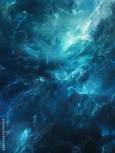 Ethereal blue lightning in a cosmic setting - This image depicts a mesmerizing scene of vibrant blue lightning crackling through a dark, starry, cosmic-like atmosphere