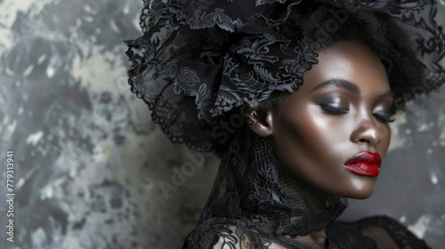 A bewitching black woman adorned in a decadent lace and velvet dress her captivating appearance channeling the captivating beauty of a Transylvanian vampire queen. . photo