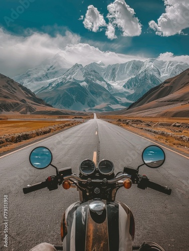 Breathtaking Roadtrip on Motorcycle with Mountain View - This stunning image captures the spirit of adventure on the open road with majestic mountains in the background photo