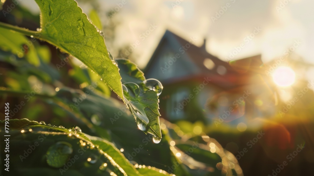 a single water droplet on a big leaf in an eco-garden in sunlight a single water droplet on a big leaf in an eco-garden in sunlight