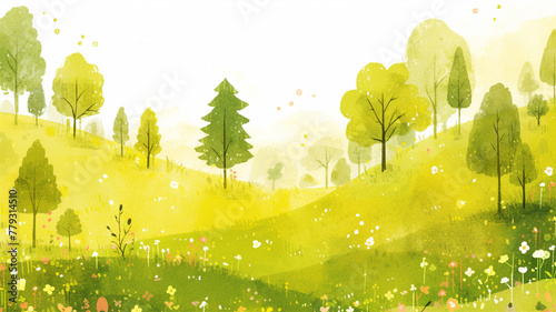 Cute cartoon scenery of spring forest, simple, copy space, watercolor painting, kawaii,