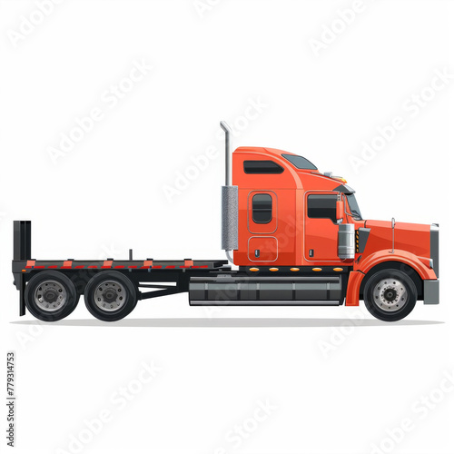 A digitally illustrated red semi truck with a flatbed trailer, associated with transport and logistics.