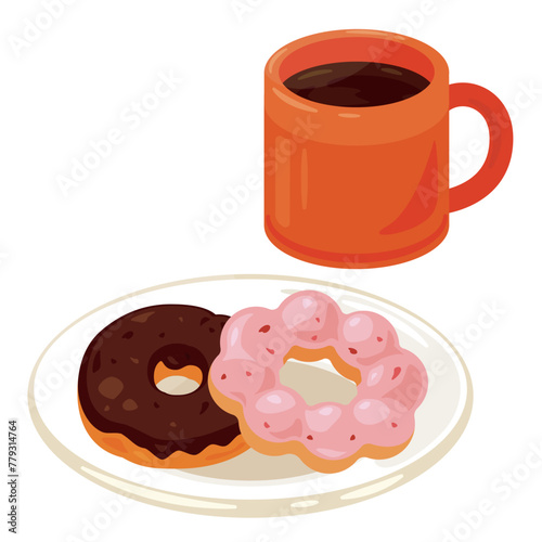 皿に盛られたドーナツとマグカップに入ったコーヒーセット