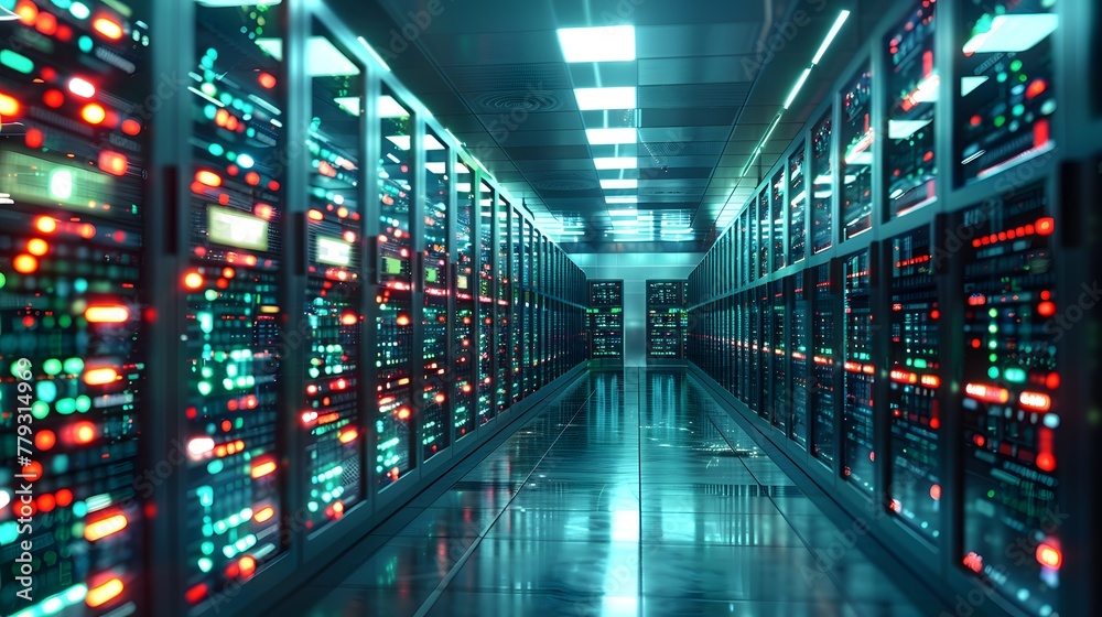 Data center abstract background, database within terminal storage, hardware server room, cloud computing, and network hosting within a rack system. - obrazy, fototapety, plakaty 